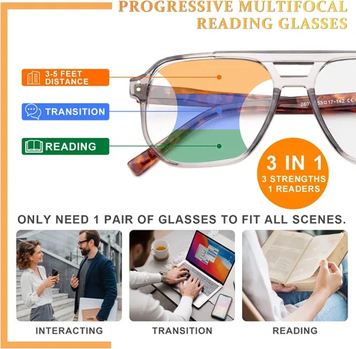Miniatura 3 de JO Progressive Multifocus Reading Glasses Men Women - No Line Progressive Reader Half-Rim for Mid-Near