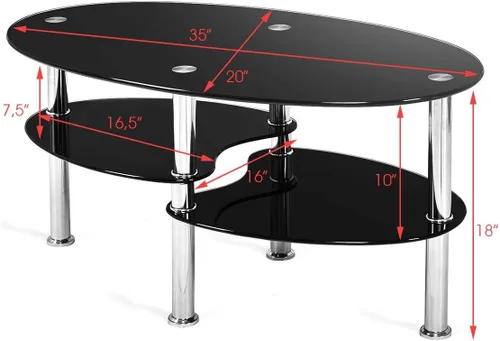 Miniatura 2 de Mesa de café de cristal S AFSTAR, mesa central de té de 3 niveles moderna ovalada de vidrio liso con estante de almacenamiento abierto, mesa