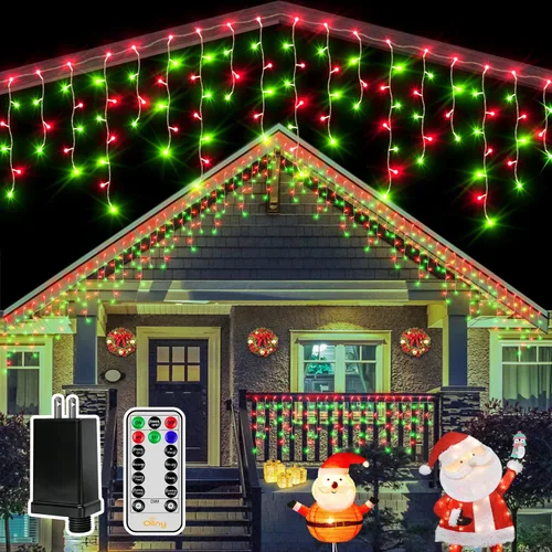 Ollny Luces de carámbano de 504 LED/41 pies, rojas y verdes, con control remoto, 8 modos, temporizadores, impermeables, colgantes y conectables,