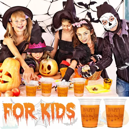 Miniatura 5 de CHENGU Vasos desechables de plástico para Halloween a granel – Vasos de tela de araña de Halloween de 12 onzas, naranja transparente con araña