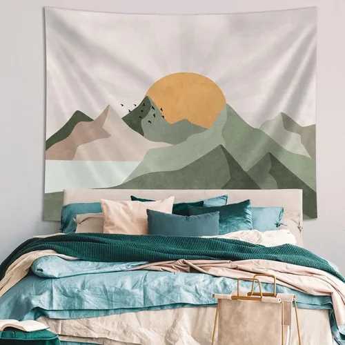 Miniatura 2 de SUOTEMEIFEI Tapiz bohemio verde salvia con sol de montaña, arte simple, paisaje de puesta de sol, paisaje, abstracto, estético, decoración de pared