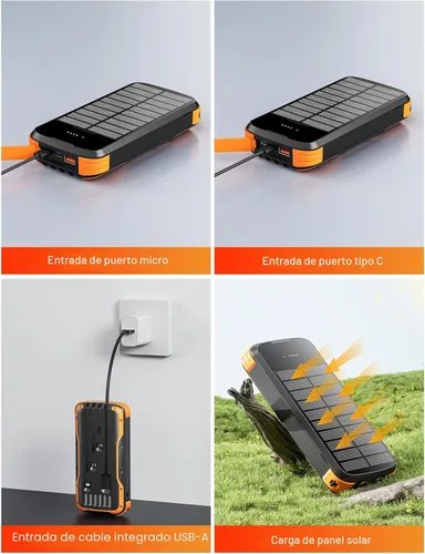 Miniatura 3 de MINRISE Banco de energía solar de 40000 mAh, cargador portátil PD de 20 W, cargador solar de carga rápida, cargador solar integrado con 4 cables