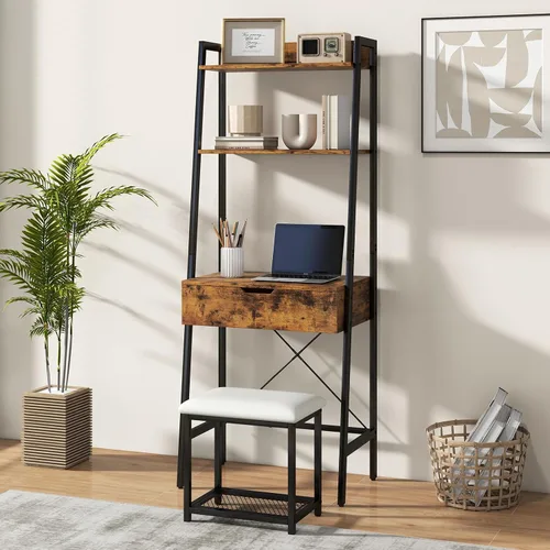 Miniatura 2 de CHARMAID Juego de escritorio de tocador de escalera – Mesa de tocador de maquillaje con espejo abatible, taburete acolchado, 4 compartimentos