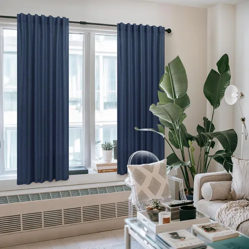 Miniatura 6 de Cortinas de lino azul marino, 2 paneles, presillas traseras, bolsillo para cortinero, filtra la luz, semitraslúcidas, azul oscuro para dormitorio