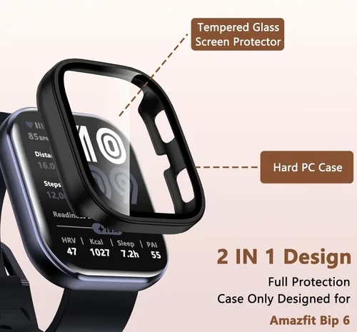 Miniatura 2 de Paquete de 2 fundas compatibles con Amazfit Bip 6, protector de pantalla de vidrio templado con cubierta de policarbonato duro, a prueba de golpes