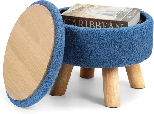 Miniatura 10 de OGEMXU Reposapiés otomano, otomana redonda pequeña con almacenamiento, taburete Boucle de terciopelo con patas de madera, otomana de almacenamiento