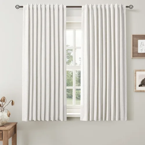 Natural Linen 100% Blackout Curtains for Bedroom 63 Inch Length 2 Panels Set Back Tab Cream Neutral Farmhouse Living Room Darkening Curtain Track