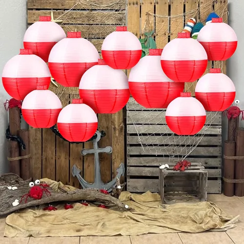 Miniatura 6 de Faroles de papel de pesca Bobber redondos, 12 linternas de papel colgantes rojas y blancas para pescadores, suministros de decoración de fiestas