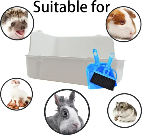 Miniatura 8 de Caja de arena de conejo para jaula de esquina de conejo, inodoro de animales pequeños con recogedor, escoba y juguetes masticables para chinchilla