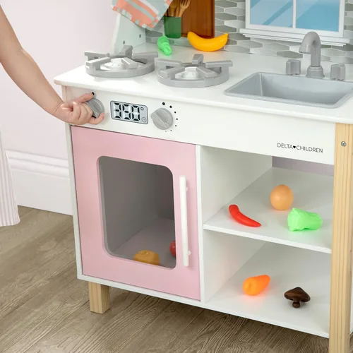 Miniatura 10 de Delta Children Tiny Chef Play Kitchen - Juego de cocina de juguete con perillas realistas que giran/hacen clic, horno, fregadero, microondas y 15