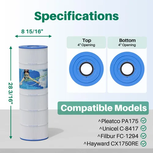 Miniatura 2 de TOREAD Filtro de repuesto para piscina PA175, Hayward CX1750RE, C1750, Unicel C-8417, Filbur FC-1294, 25230-0175S, 817-0175P, Aladdin 27501, L x OD