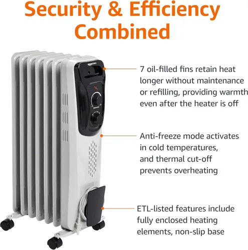 Miniatura 4 de Amazon Basics Radiador de aceite portátil para uso en interiores, 3 ajustes de calor, protección contra sobrecalentamiento, seguridad certificada