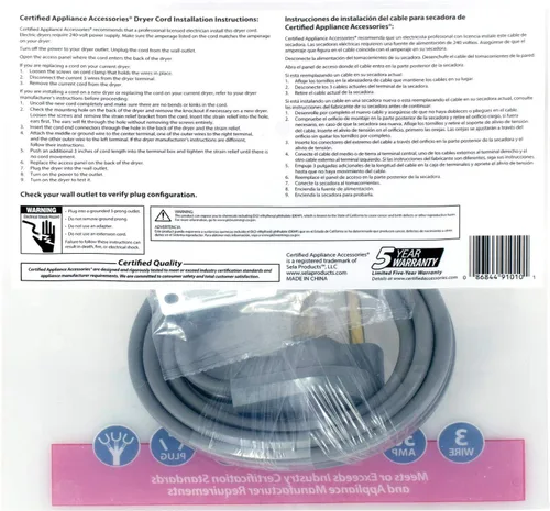 Miniatura 9 de Certified Appliance Accessories Cable de alimentación para electrodomésticos de 30 amperios, cable de secado de 3 puntas, 3 cables con conectores