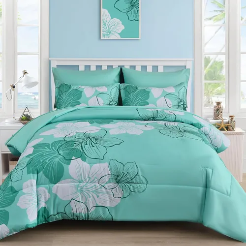 Miniatura 28 de Luxudecor Juego de edredón azul marino, tamaño Queen, 7 piezas de cama en una bolsa, juego de edredón floral azul marino y juego de sábanas, juego