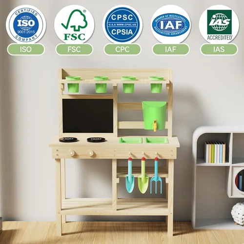 Miniatura 8 de Cocina de Juego Exterior de Madera de Cedro para Niños, Cocina de Barro con Grifo de Agua, Pizarra de Doble Cara, Estantes de Almacenamiento, Vasos