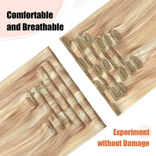 Miniatura 4 de UGOTRAYS Extensiones de cabello humano real de color rubio fresa a rubio decolorado, 12 pulgadas, lacio, doble trama, cabello Remy con clip, 2.47