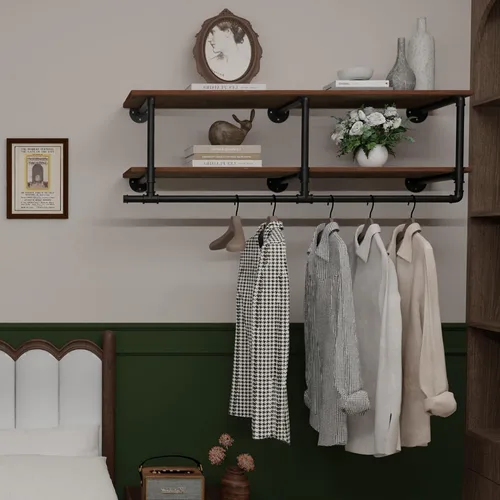 Miniatura 9 de Perchero para ropa de 72 pulgadas, para montar en la pared, con estante de madera real, perchero colgante resistente, barra para colgar multiusos