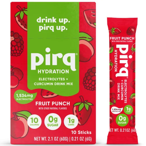 Pirq Hydration - Fruit Punch - Paquetes de polvo de hidratación | Mezcla de bebida con electrolitos | Curcumina | Vitaminas B | Cero azúcar | Apto