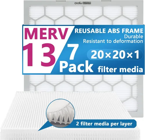 Filtro de aire MERV 13 de 20 x 20 x 1, filtro de aire para horno de CA, marco de plástico ABS reutilizable, paquete de 7 medios de filtro