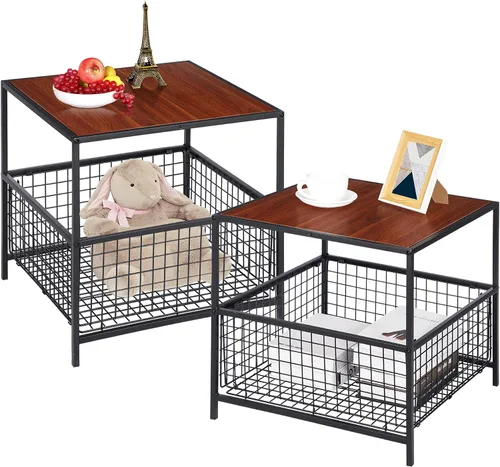 Miniatura 8 de SUPER DEAL Mesa auxiliar de 2 niveles con cesta de malla, mesa auxiliar cuadrada de 20 pulgadas para dormitorio, sala de estar, mini soporte