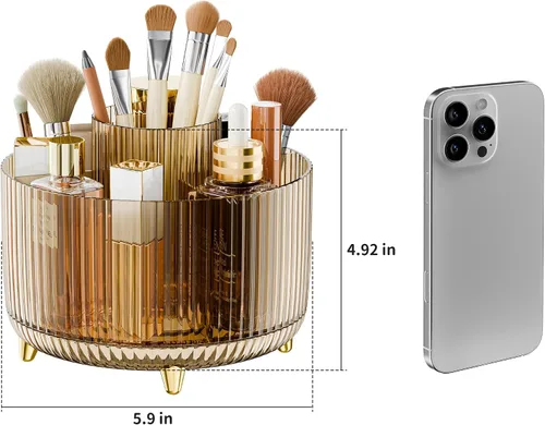 Miniatura 4 de Organizador de maquillaje giratorio transparente para tocador, organizador de brochas de maquillaje de 360° con 5 compartimentos, almacenamiento