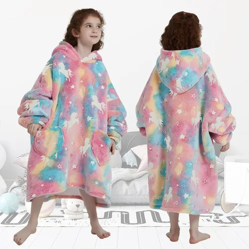 Miniatura 5 de Fiosnow Sudaderas con Manta de Unicornio que Brilla en la Oscuridad para Niños de 6-13 Años Manta con Capucha de Tamaño Grande Usable para Niños