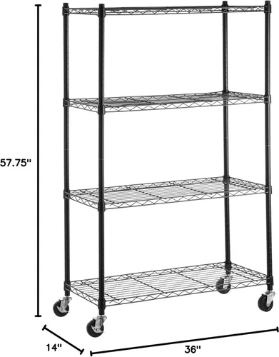 Miniatura 7 de Amazon Basics Estantería de almacenamiento ajustable de 4 estantes, resistente, sobre ruedas giratorias de 3 pulgadas, estante de alambre Negro