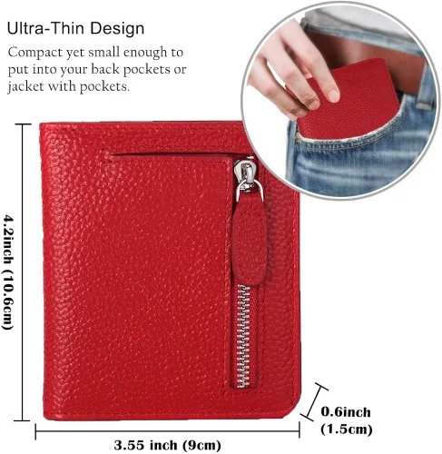 Miniatura 6 de Funtor Cartera de cuero para mujer, pequeña y compacta, con bolsillo doble, bloqueo RFID, para mujer