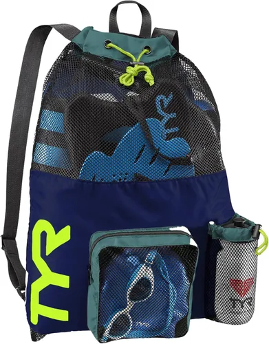 TYR Mochila Big Mesh Mummy para natación, gimnasio y equipo de entrenamiento, color negro, capacidad de 40 litros Azul Marino/Verde Lima