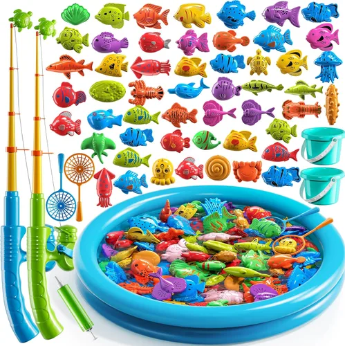 TEMI Juego de pesca magnética para niños de 4 a 8 años, juguetes de peces para niños de 3 a 5 años, caña de pesca flotante para bañera, mesa de agua