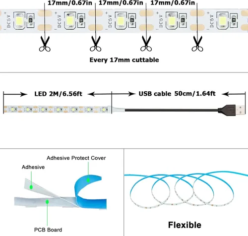 Miniatura 3 de Tira de luz LED roja USB 620-625nm 5V alimentada por USB, 13.12 pies/4M, 240 LED, flexible, SMD2835, de alto brillo, sin impermeabilidad, IP20