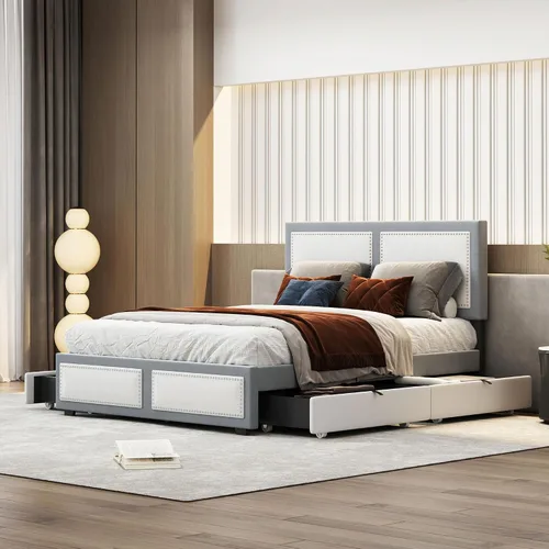 Miniatura 27 de Cama de plataforma tapizada de tamaño individual con barandilla, cabecera de almacenamiento y estribo, para niños, adolescentes y adultos, uso