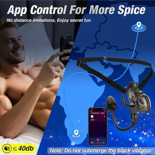 Miniatura 5 de Jaula de castidad masculina – Jaula de pene suave y ligera con 6 tamaños de anillos, correa negra, vibrador controlado por aplicación, cómodo Negro
