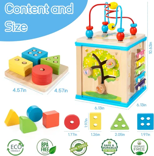 Miniatura 5 de WOODMAM Cubo de Actividades de Madera 7 en 1, Juguetes Montessori para Niños Pequeños de 1 Año, Juguetes Educativos de Desarrollo para Bebés