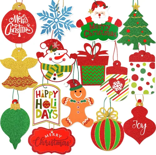 POPGIFTU Etiquetas Grandes de Regalo de Navidad – 80 Piezas Etiquetas de Nombre Colgantes de Papel con Purpurina con Cordel, 20 Diseños Variados