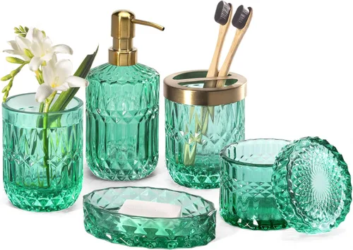 EMPO Juego de Accesorios de Vidrio para Baño (Dispensador de Jabón Líquido, Jabonera, Portacepillos de Dientes, Vaso, Frasco para Hisopos de