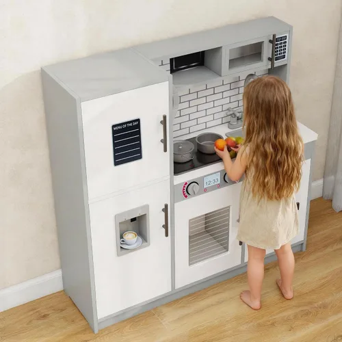 Miniatura 7 de Juego de cocina de madera para niños con luces y sonidos, cocina de juego de simulación para niños pequeños con horno, fregadero, microondas