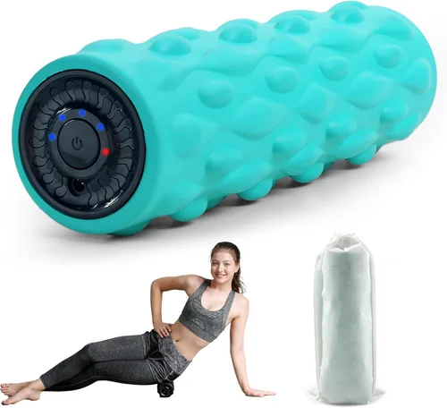 Rodillo de espuma vibratoria de alta densidad azul con 4 velocidades personalizables para masaje de tejido profundo, recuperación muscular y alivio