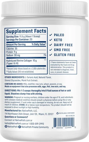 Miniatura 3 de NativePath Péptidos de colágeno - Colágeno hidrolizado tipo 1 y 3. Polvo de proteína keto y paleo alimentado con pasto para cabello, piel, uñas