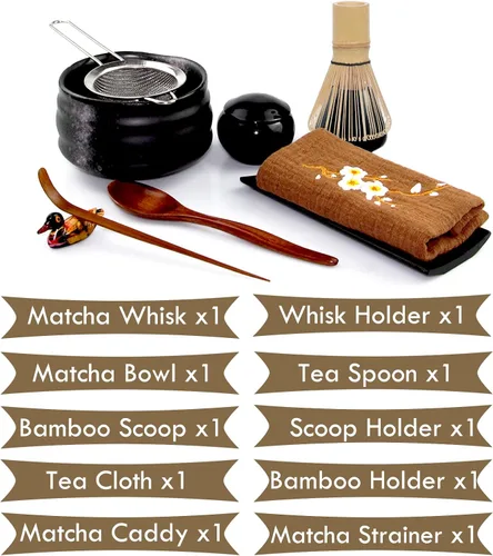 Miniatura 2 de Artcome Juego de té matcha japonés de 10 piezas, cuenco matcha, batidor, cuchara, paño, soporte de bambú, organizador de polvo, colador (negro)
