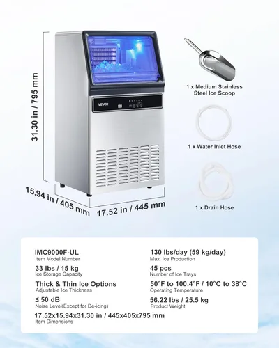 Miniatura 7 de VEVOR Máquina comercial para hacer hielo, 130 libras/24 horas con almacenamiento de 33 libras, 45 cubos por ciclo, acero inoxidable independiente