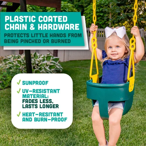 Miniatura 4 de Asiento de columpio para bebé de respaldo alto estilo cubeta Premium con agarre para dedos, cadenas recubiertas de plástico y mosquetones para fácil