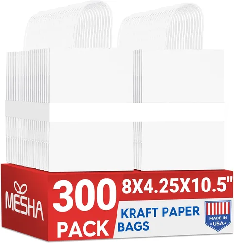 Miniatura 11 de Bolsas de papel blanco MESHA con asas 10x5x13 pulgadas, paquete de 50, grandes bolsas de regalo de papel kraft con asas a granel para pequeñas