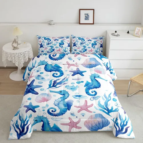 Miniatura 45 de Erosebridal Blue Ocean - Juego de edredón tamaño individual Juego de ropa de cama de ballena delfín y tortuga marina para niños y niñas, juego