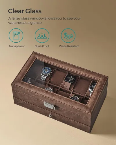 Miniatura 46 de SONGMICS UJWB012 - Caja de reloj de 12 ranuras, caja de reloj con cerradura con tapa de vidrio, 2 capas, con 1 cajón para anillos, pulseras, idea