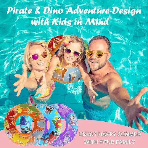 Miniatura 5 de Paquete de 3 flotadores de piscina para niños con diseño de dinosaurio/pirata/sirena, juguetes de piscina para niños pequeños, anillos de natación