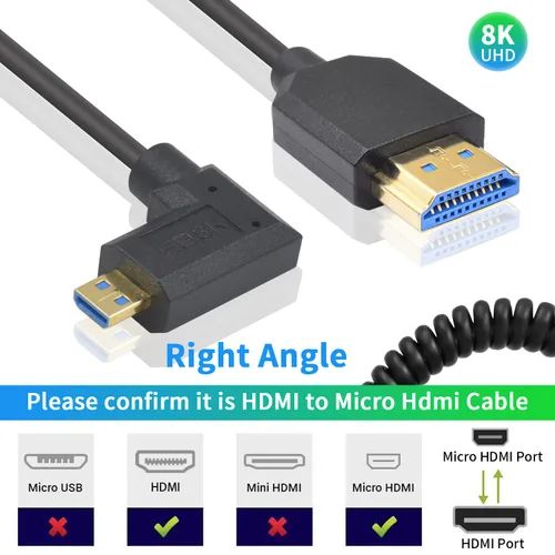 Miniatura 3 de Duttek Cable en espiral micro HDMI a HDMI de 8 K a 60 Hz, 48 Gbps, cable HDMI a Micro HDMI 2.1 en ángulo recto para cámara, GoPro Hero, Raspberry Pi