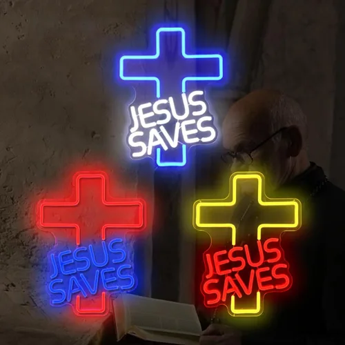 Miniatura 7 de Letreros de neón con cruz de Jesús salva, letreros LED para decoración de pared, regulables, luces de neón de Jesús para dormitorio, sala de estar