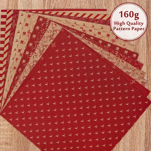 Miniatura 5 de Whaline Paquete de 24 papeles de patrón navideño, papel rústico de recortes de Navidad, 12 diseños de papel kraft rojo de doble cara