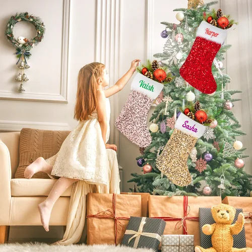 Miniatura 5 de Ulico Calcetines de Navidad personalizados, 18 pulgadas, con lentejuelas bordadas con nombre personalizado, calcetines de Navidad para niños